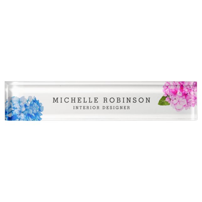 Elegant Watercolor Pink Blue Florals Nameplate (Front)