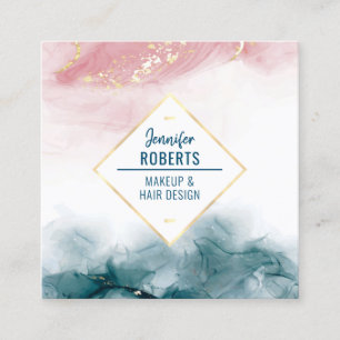 Elegant Watercolor Pink Blue Gold Alcohol Ink Square Business Card