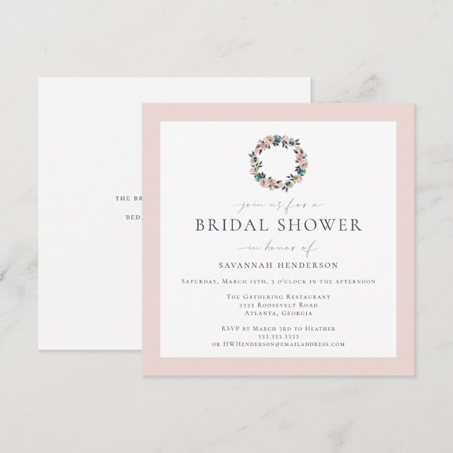 Elegant Watercolor Pink Blue Wreath Bridal Shower Invitation (Front/Back)