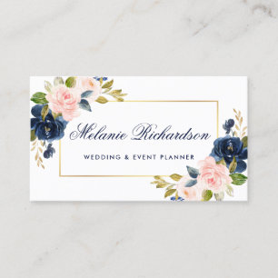 Elegant Watercolor Pink Blush Floral Blue Gold Business Card