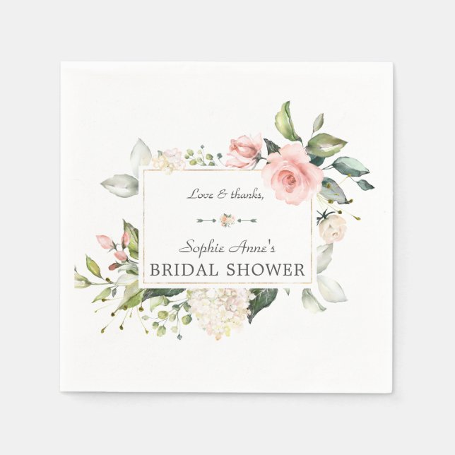 Elegant Watercolor Pink Blush Floral Bridal Shower Napkin (Front)