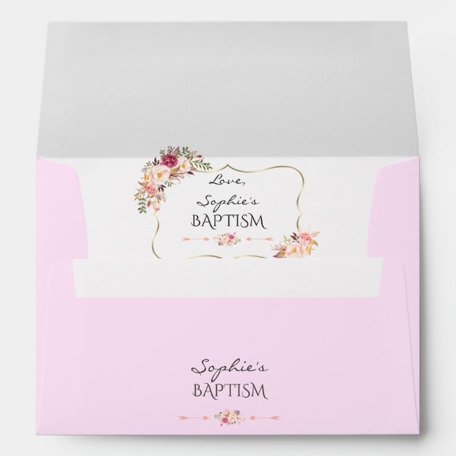 Elegant Watercolor Pink Blush Floral Gold Baptism Envelope (Back (Bottom))