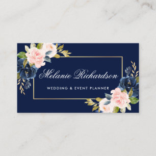 Elegant Watercolor Pink Blush Floral Gold Blue Business Card
