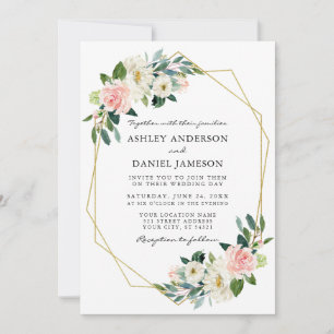 Elegant Watercolor Pink Blush Floral Gold Frame Invitation