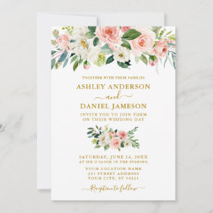 Elegant Watercolor Pink Blush Floral Gold Wedding Invitation