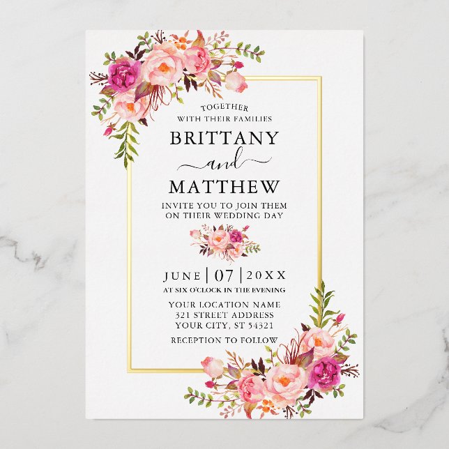 Elegant Watercolor Pink Blush Floral Wedding Gold (Front)