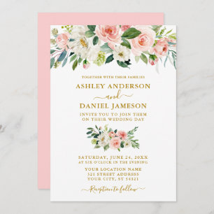 Elegant Watercolor Pink Blush Floral Wedding Gold Invitation