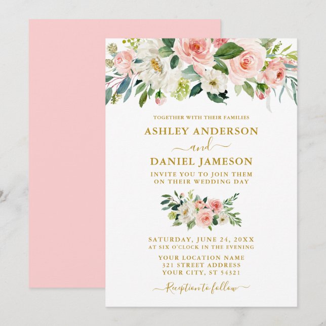 Elegant Watercolor Pink Blush Floral Wedding Gold Invitation (Front/Back)