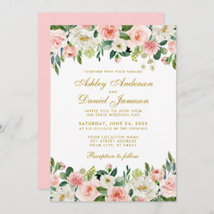 Elegant Watercolor Pink Blush Floral Wedding Invitation