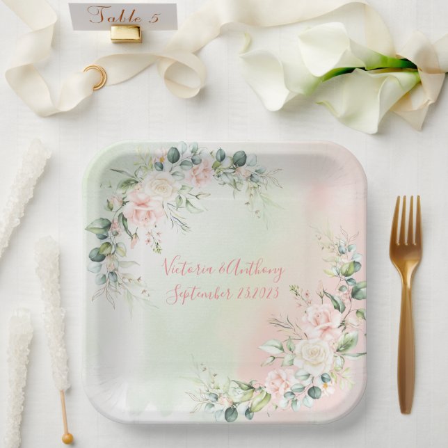 Elegant Watercolor Pink Blush Floral Wedding Paper Plate (Wedding)