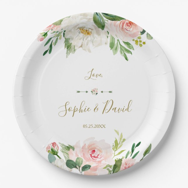 Elegant Watercolor Pink Blush Flowers Wedding Paper Plate (Front)