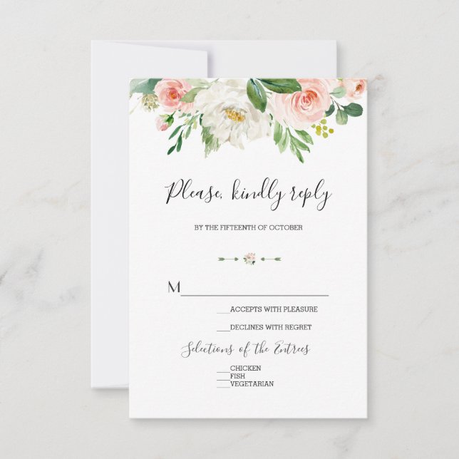 Elegant Watercolor Pink Blush Flowers Wedding RSVP Card (Front)