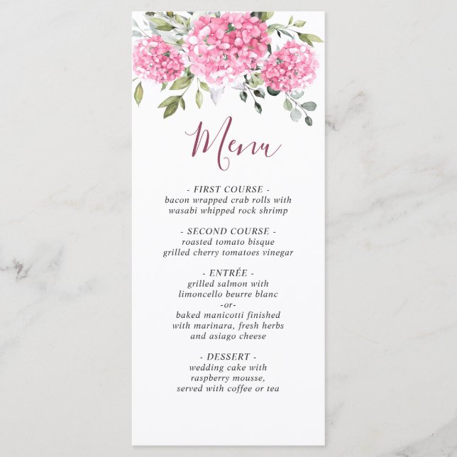 Elegant Watercolor Pink Blush Hydrangea Wedding Menu (Front)