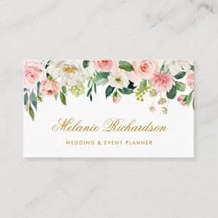 Elegant Watercolor Pink Blush White Floral Gold Business Card