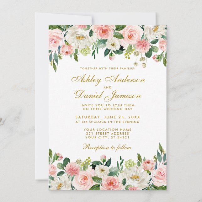 Elegant Watercolor Pink Blush White Floral Wedding Invitation (Front)