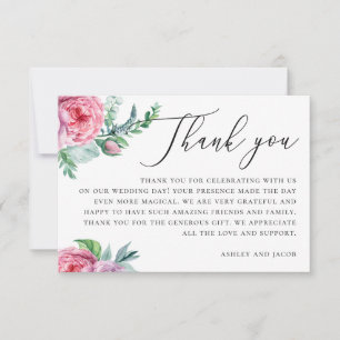 Elegant watercolor pink boho floral script wedding thank you card