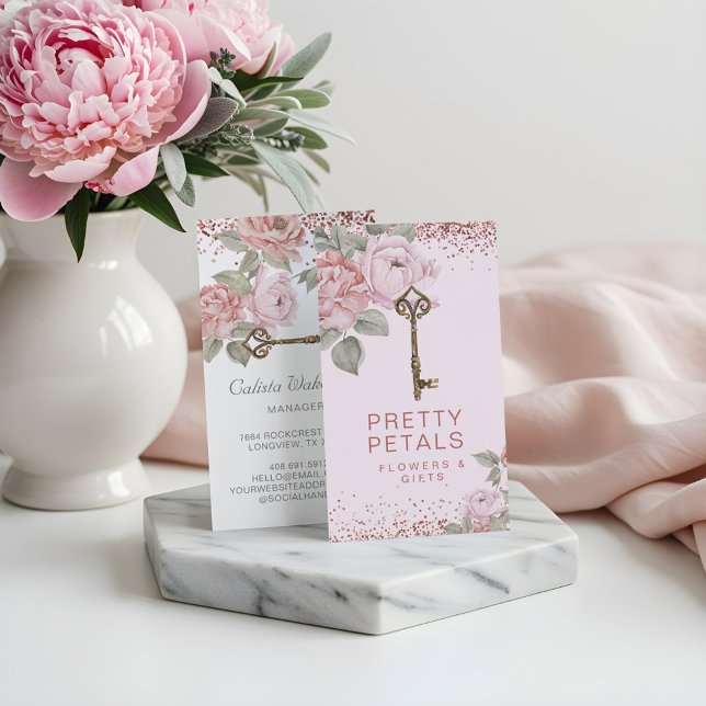 Elegant Watercolor Pink Botanical Peony Glitter Business Card (Elegant Watercolor Pink Botanical Peony Glitter Business Card)