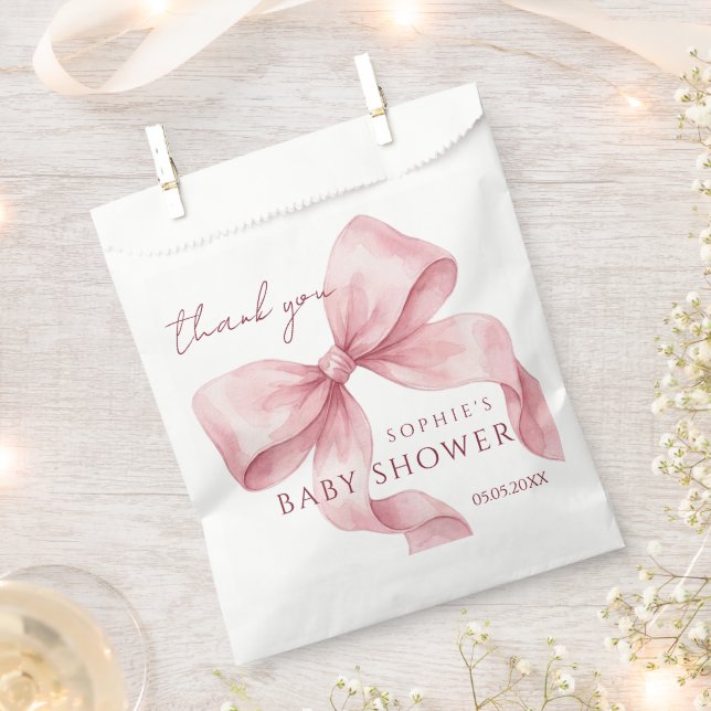 Elegant Watercolor Pink Bow Baby Shower Favour Bags (Clipped)