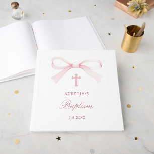 Elegant Watercolor Pink Bow Baptism Guest Book