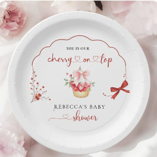 Elegant Watercolor Pink Bow Cherry Baby Shower Paper Plate