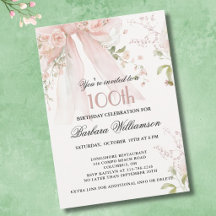 Elegant Watercolor Pink Bow Floral 100th Birthday