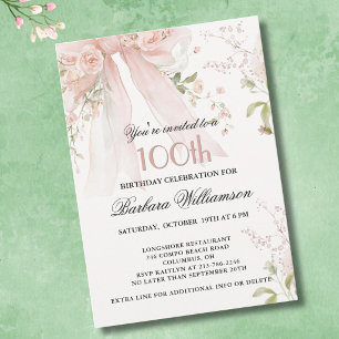 Elegant Watercolor Pink Bow Floral 100th Birthday Invitation