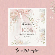 Elegant Watercolor Pink Bow Floral 100th Birthday