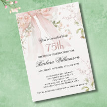 Elegant Watercolor Pink Bow Floral 75th Birthday