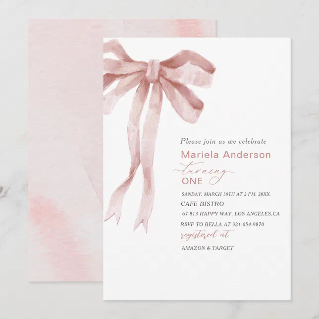 Elegant Watercolor Pink Bow Girl Baby Shower Invi Invitation | Zazzle