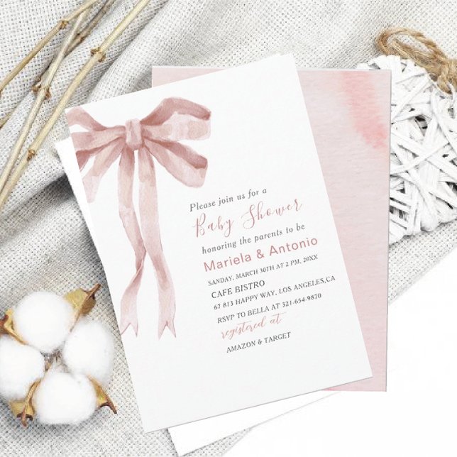 Elegant  Watercolor Pink Bow Girl Baby Shower Invitation (Creator Uploaded)