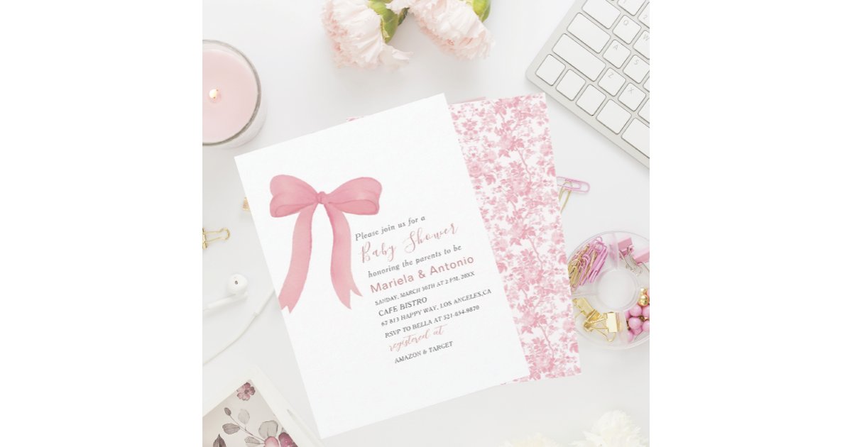 Elegant Watercolor Pink Bow Girl Baby Shower Invitation | Zazzle