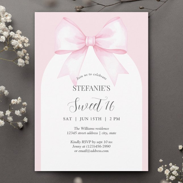Elegant Watercolor Pink Bow Sweet 16 Birthday Invitation (Creator Uploaded)