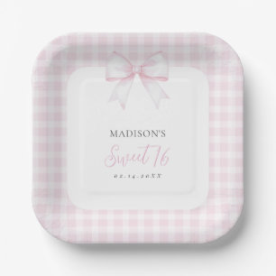 Elegant Watercolor Pink Bow Sweet 16 Birthday Paper Plate