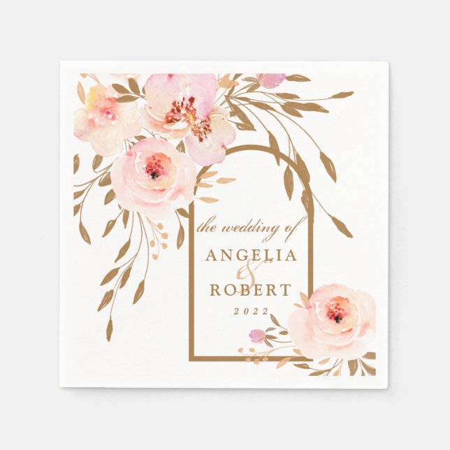 Elegant Watercolor Pink Brow/Gold Floral Napkin (Front)