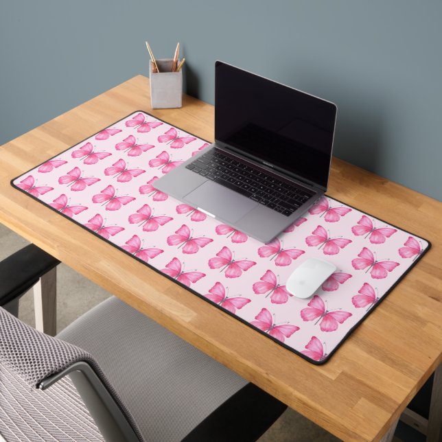 Elegant Watercolor Pink Butterflies Desk Mat (Office 2)