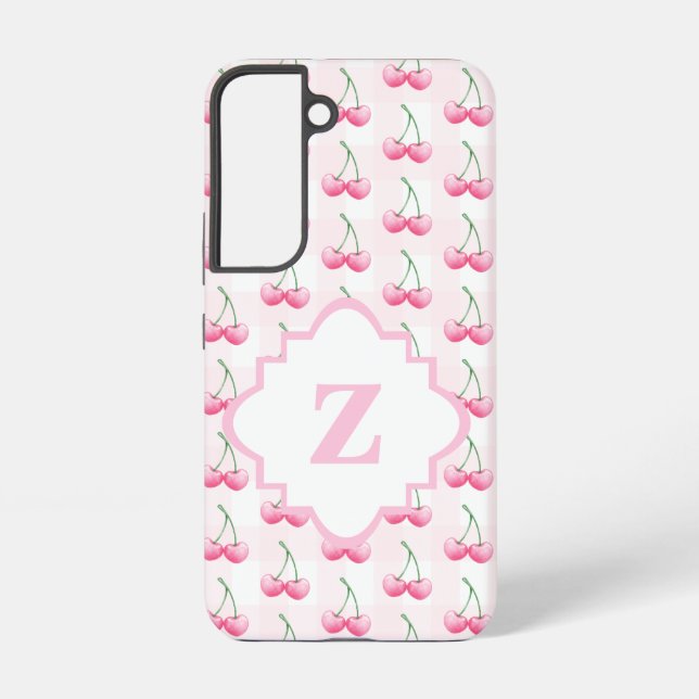 Elegant Watercolor Pink Cherry Monogram Samsung Galaxy S22 Case (Back)