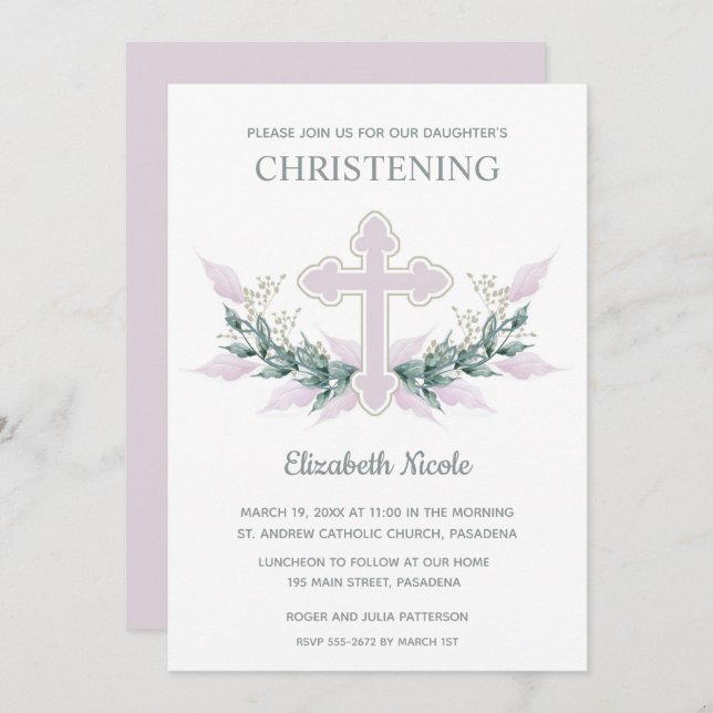 Elegant Watercolor Pink Christening Invitations (Front/Back)
