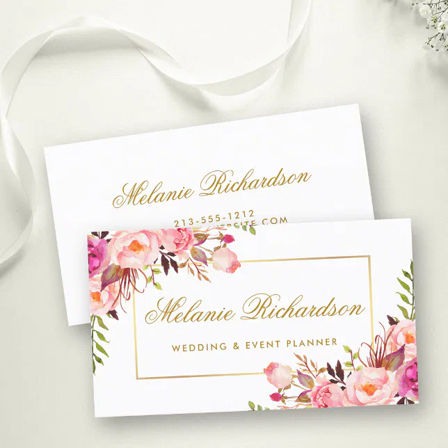 Elegant Watercolor Pink Floral and Gold Frame Business Card | Zazzle