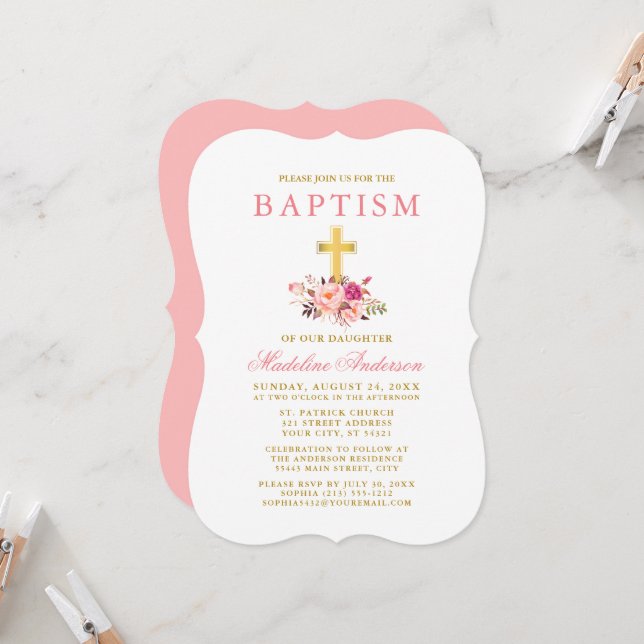 Elegant Watercolor Pink Floral Baptism Gold Invitation (Front/Back In Situ)