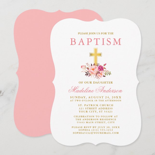 Elegant Watercolor Pink Floral Baptism Gold Invitation (Front/Back)
