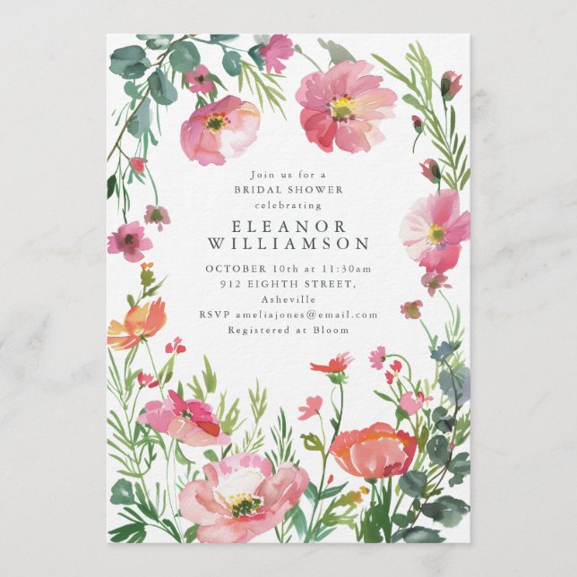 Elegant Watercolor Pink Floral Bridal Shower Invitation (Front)