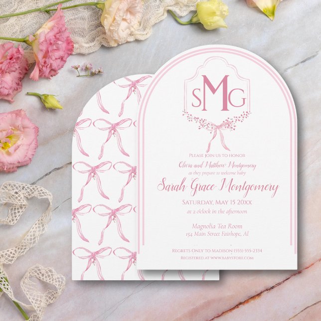 Elegant Watercolor Pink Floral Crest with Bows  Invitation (Creator Uploaded)
