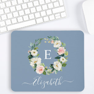 Elegant Watercolor Pink Floral Dusty Blue Monogram Mouse Mat