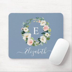 Elegant Watercolor Pink Floral Dusty Blue Monogram Mouse Mat