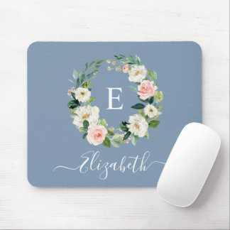 Elegant Watercolor Pink Floral Dusty Blue Monogram Mouse Mat