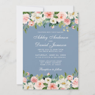Elegant Watercolor Pink Floral Dusty Blue Wedding Invitation