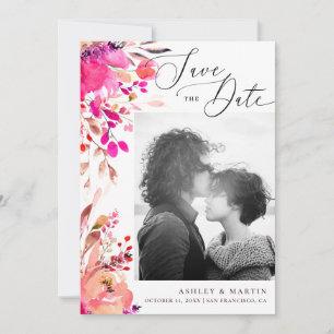 Elegant watercolor pink floral fall autumn wedding save the date