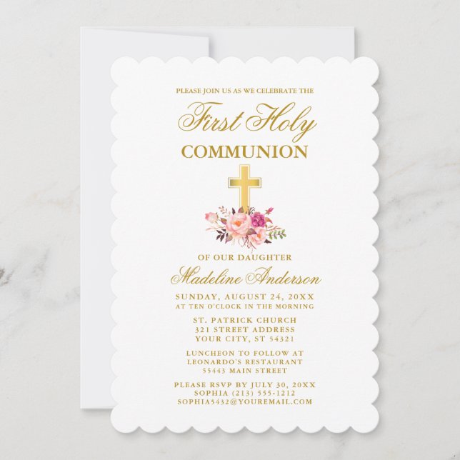 Elegant Watercolor Pink Floral First Communion Invitation (Front)