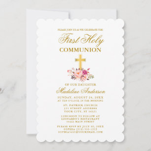 Elegant Watercolor Pink Floral First Communion Invitation