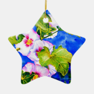 Elegant watercolor pink floral flowers Hollyhocks Ceramic Tree Decoration